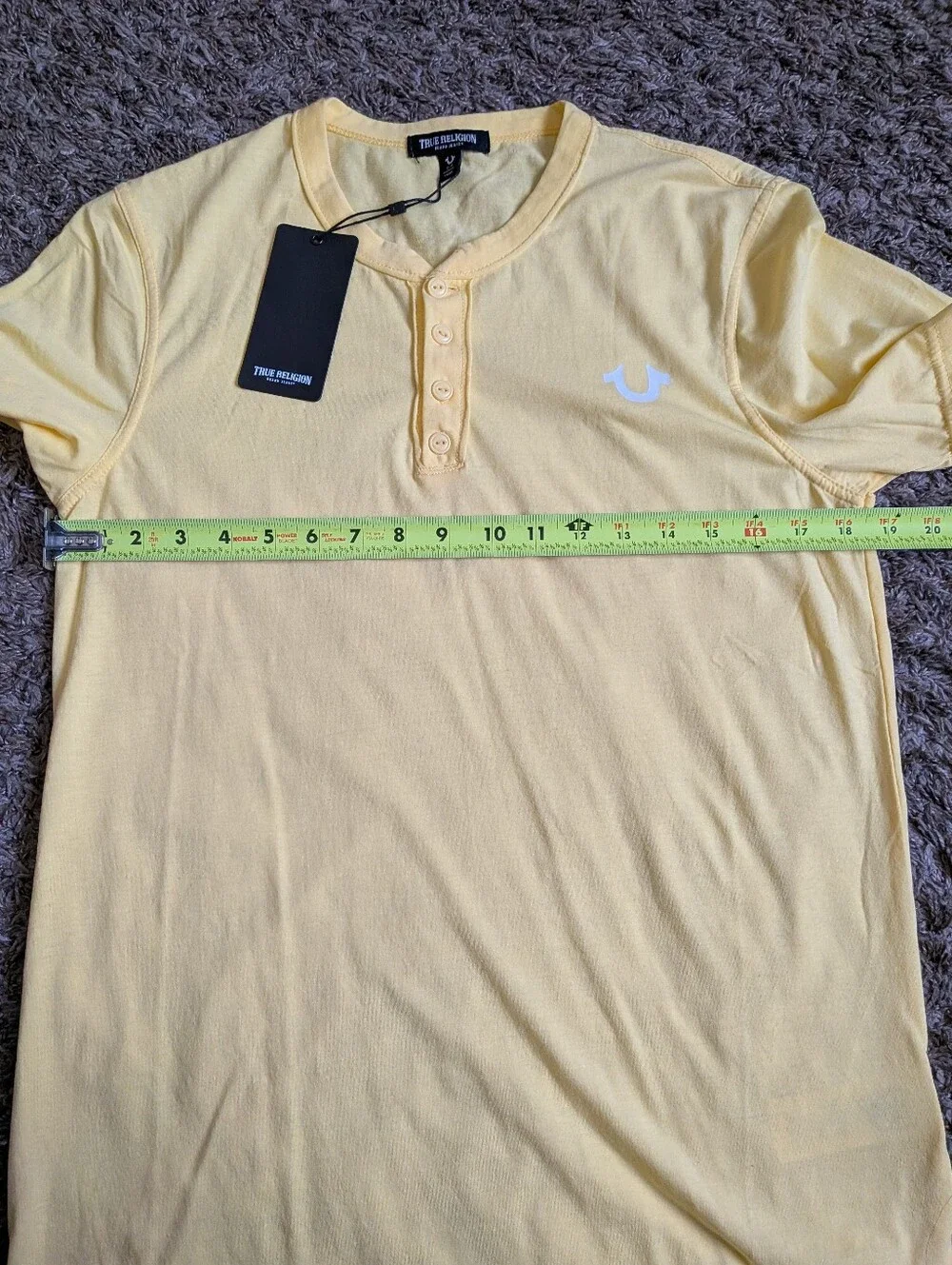 NWT True Religion Popcorn Yellow Logo Burnout Cotton Henley Shirt Men's S
